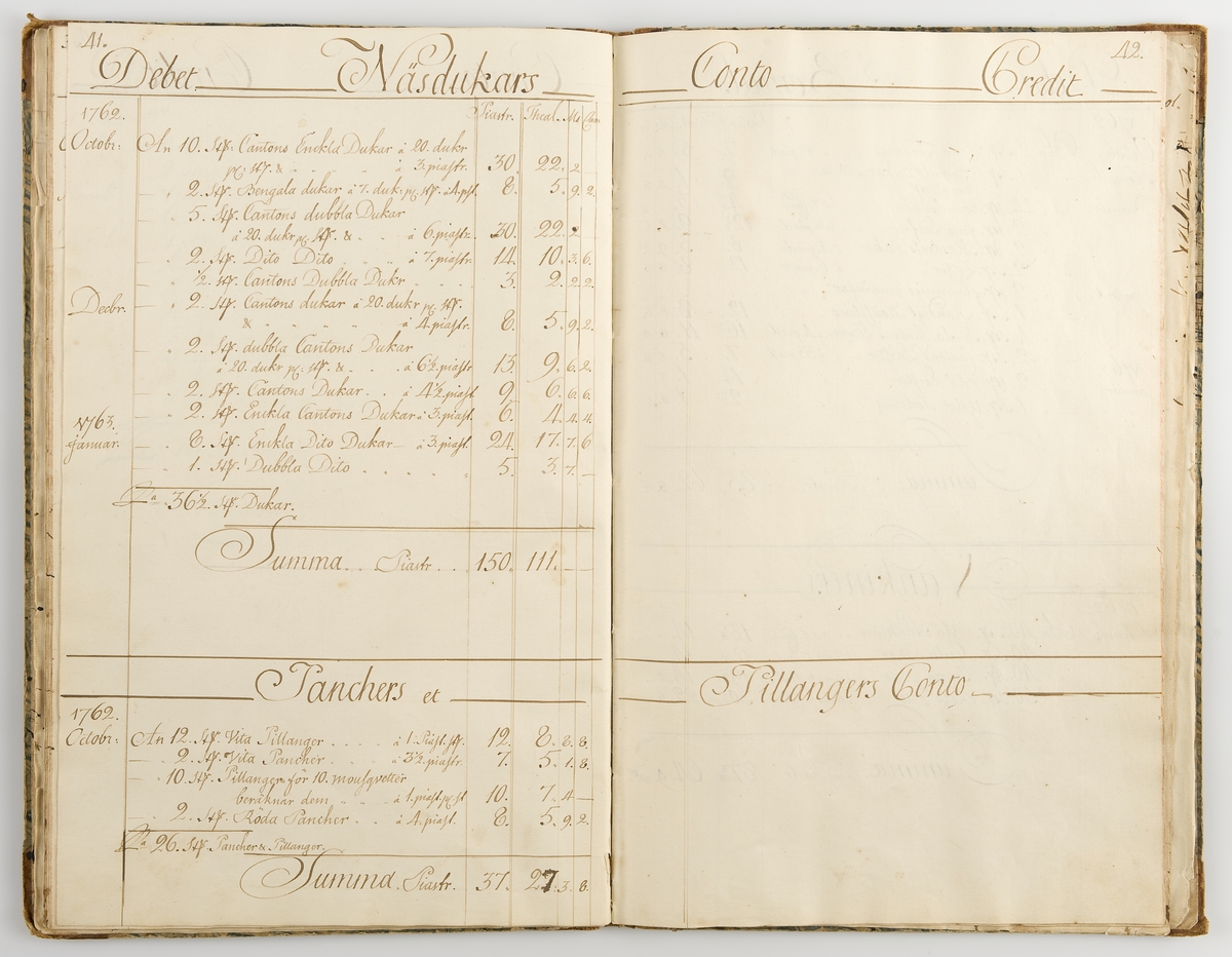 Räkenskapsbok förd ombord i skeppet Stockholms Slott av kapten M Holmers 1762-1763.