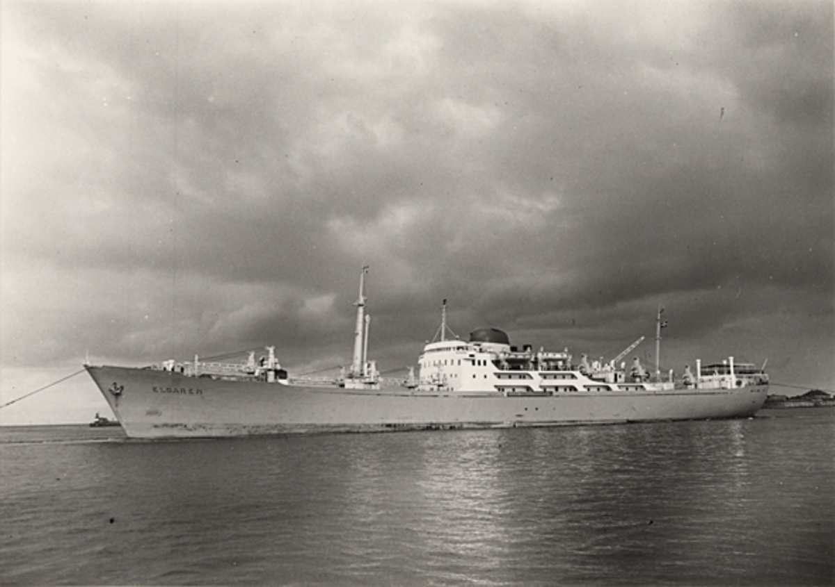 Foto i svartvitt visande lastmotorfartyget "ELGAREN" taget i Köpenhamn under år 1957.