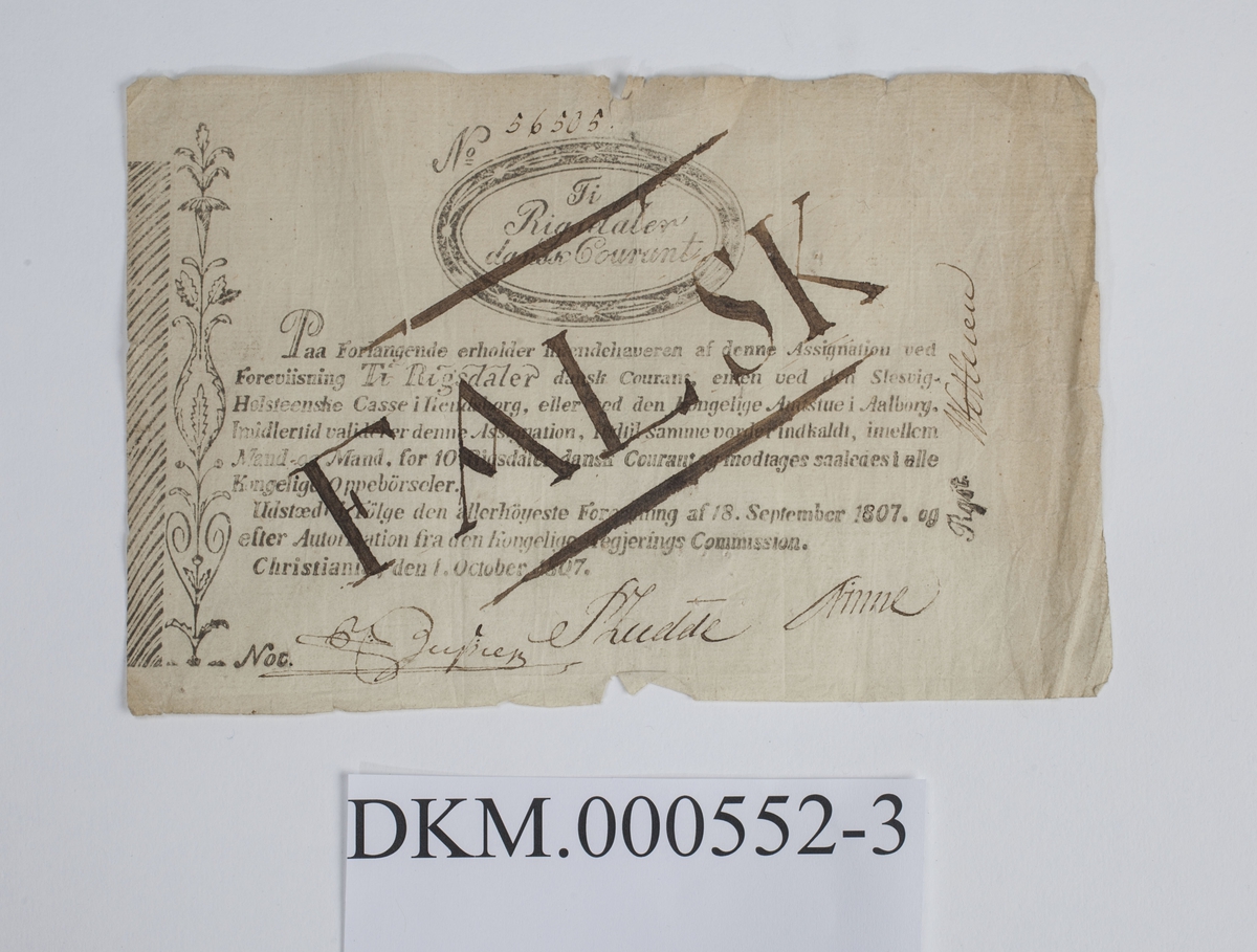 Forfalskning av seddel for ti riksdaler fra 1807.