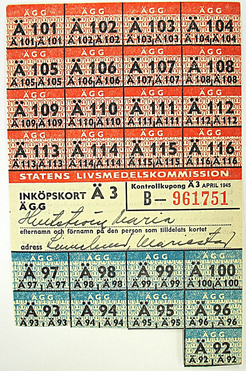 Ransoneringskort för ägg. Kortet har använts under april 1945.
Kortet har tillhört Karin Bohlin, mamma till givaren.