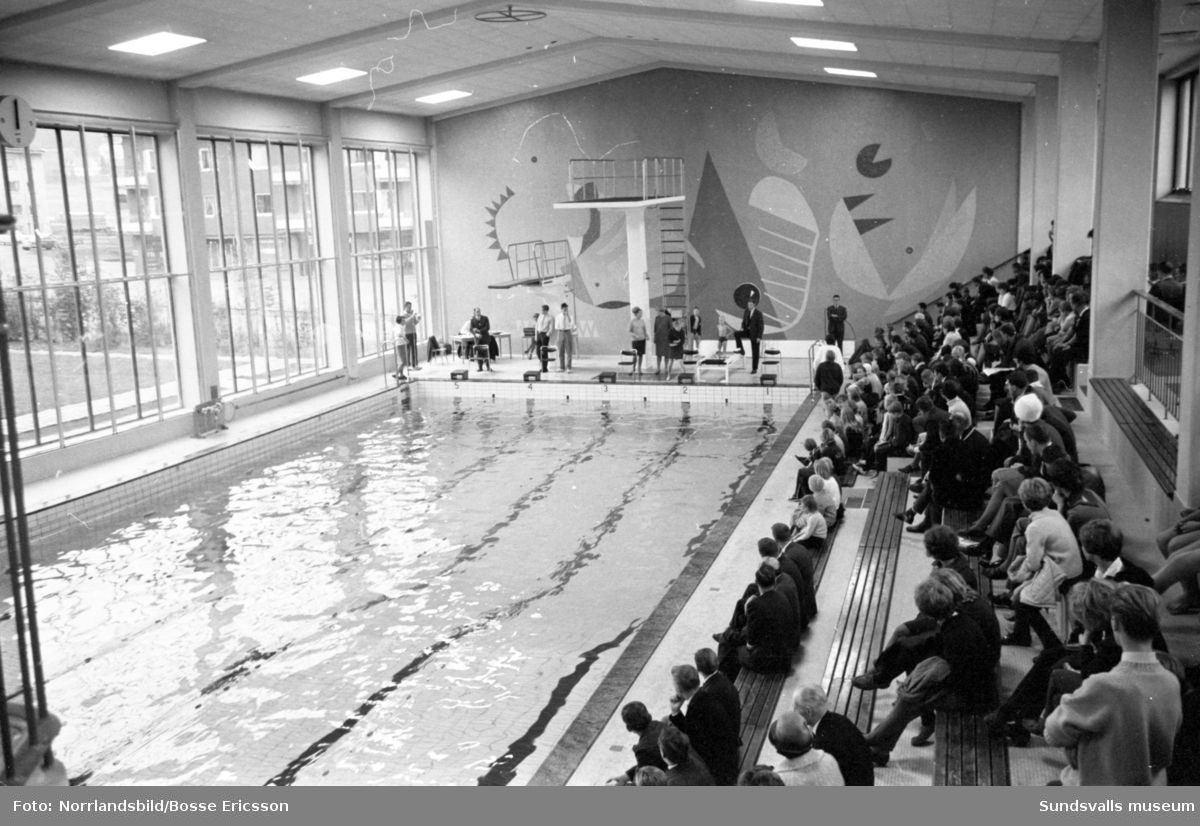Interiörbilder från simhallen i Timrå. Simtävling eller uppvisning med publik på läktarna.