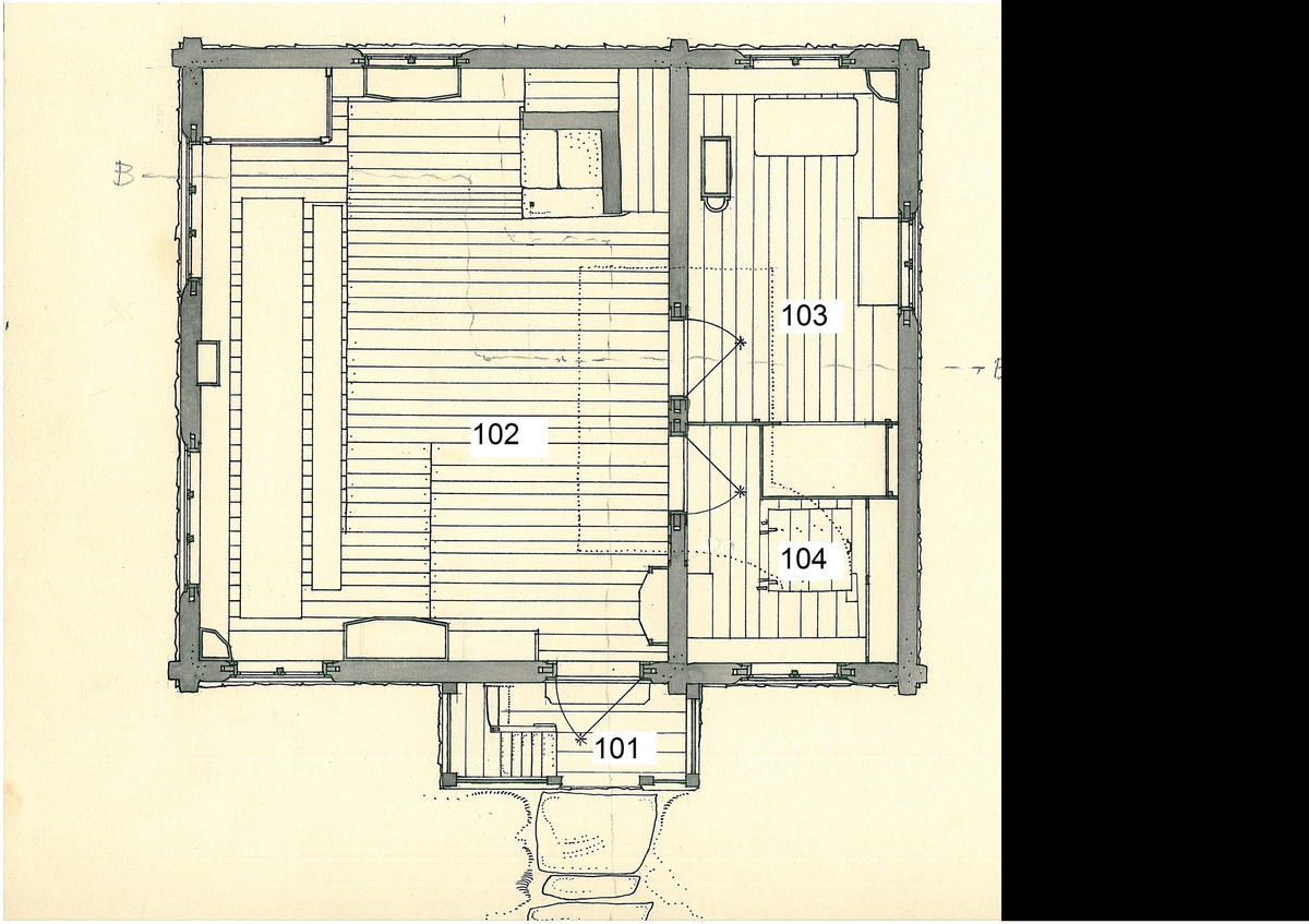 Toetasjes laftet våningshus med nåsåsval i første og langsval i andre etasjen. Akershusisk grunnplan. Torvtekket saltak.