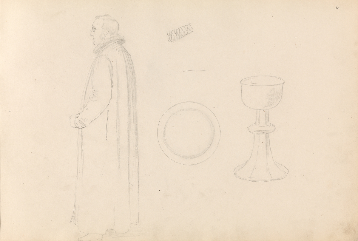 Vilhelm Birkedal i prestekappe; disk og kalk [Tegning]