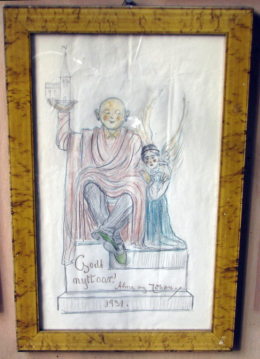 Karikatur; sittende budda m. kirke i opprakt v. hånd; h. arm om engel.
