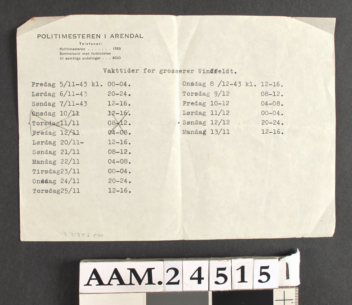Borgervakt: vaktliste. Dokument, skrevet med skrivemaskin, utstedt av politimesteren i Arendal.