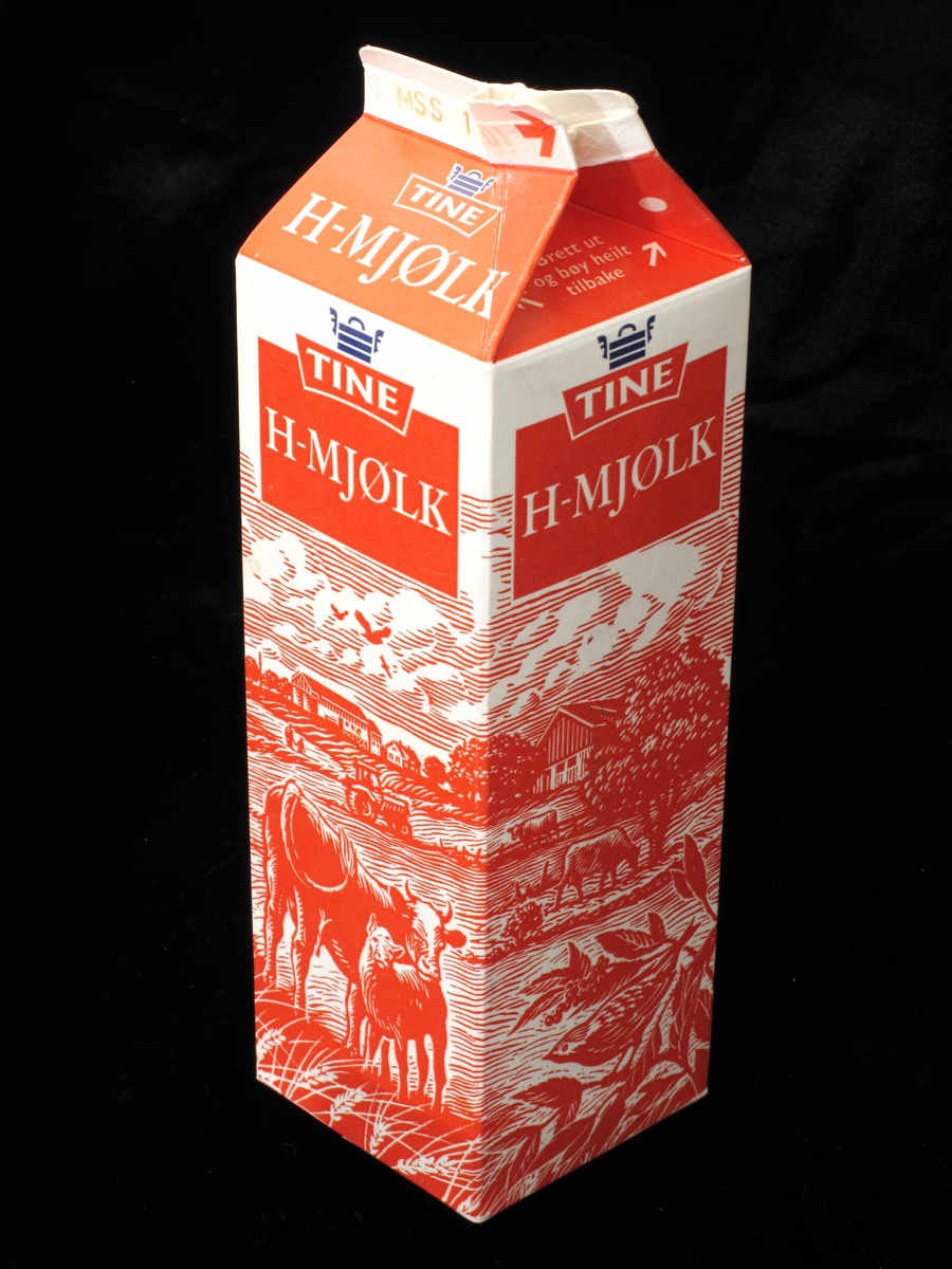 Kartong til melk, mønetype, volum 1 liter. Produsert for Tine. Design kartong 1995 med nynorsk tekst. Norsk jordbrukslandskap motiv rundt 3 av kartongens 4 sider. Varedeklarasjonsfelt med produsent, næringsinnhold og strekkode.