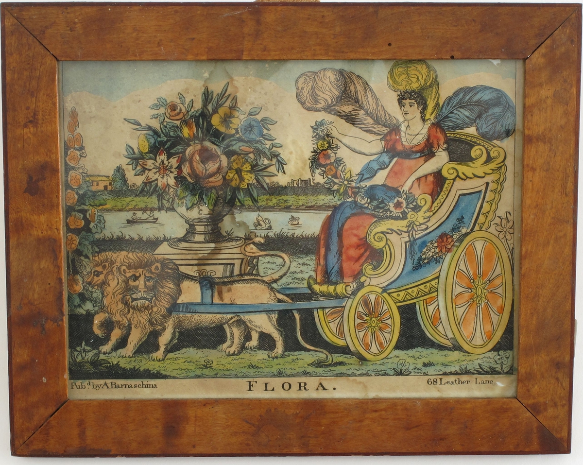 Gudinnen Flora på kjøretur, i en firehjulet vogn, trukket av to løver.Vognen er pyntet med blomsterguirlandere, gudinnen er pyntet med store fjærer, En stor blomsterurne er plassert foran et v ann med båter. 