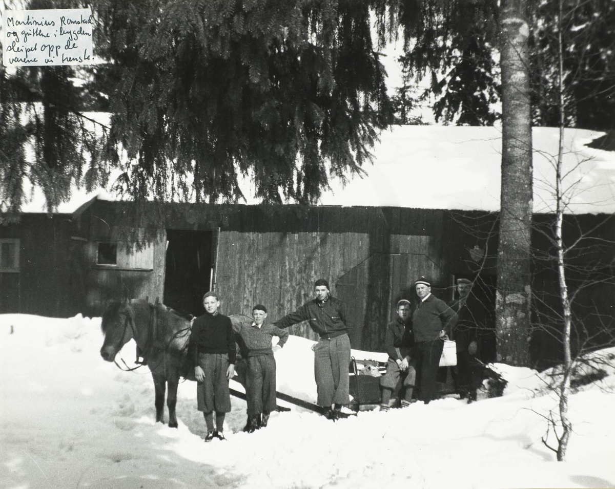 Vinter - transport av varer med hest og slede. To voksne og 3 gutter