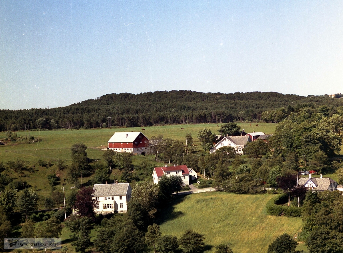 Fra venstre: Doktorgarden, huset til Asbjørn Grønbech, prestegarden (med tilhørende låve) og lenst til høyre er huset til Odd Hole.