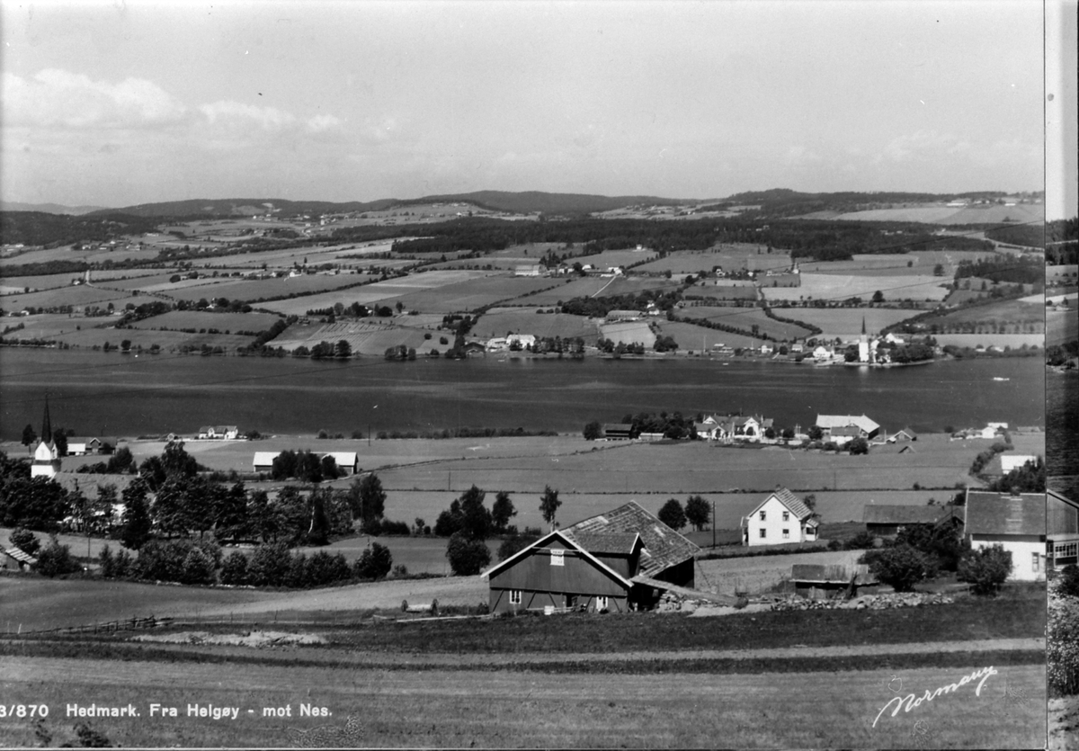 Utsikt fra Helgøya mot Nes. Postkort med teksten "Hedmark, fra Helgøy - mot Nes. Sinnerud i forgrunnen.