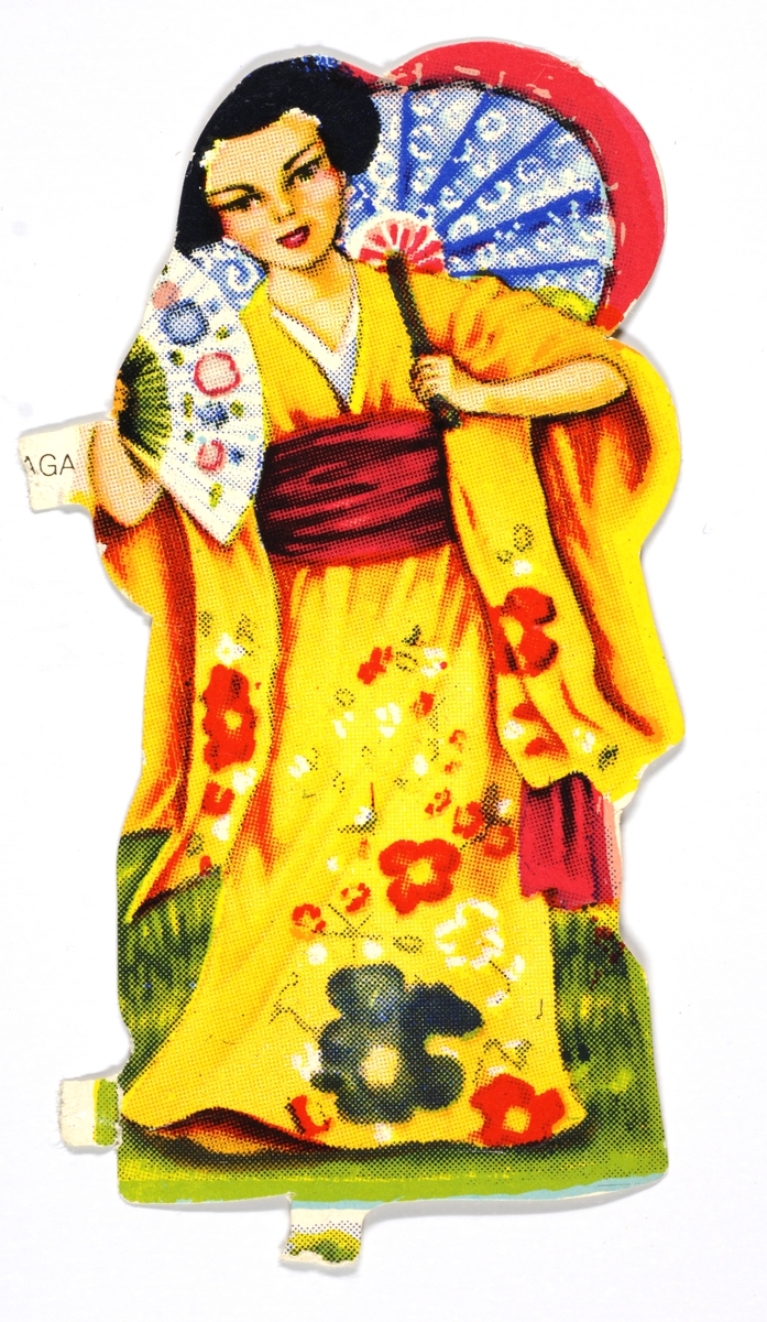 Orientalsk dame med en vifte i den ene hånden og en solparaply i den andre.