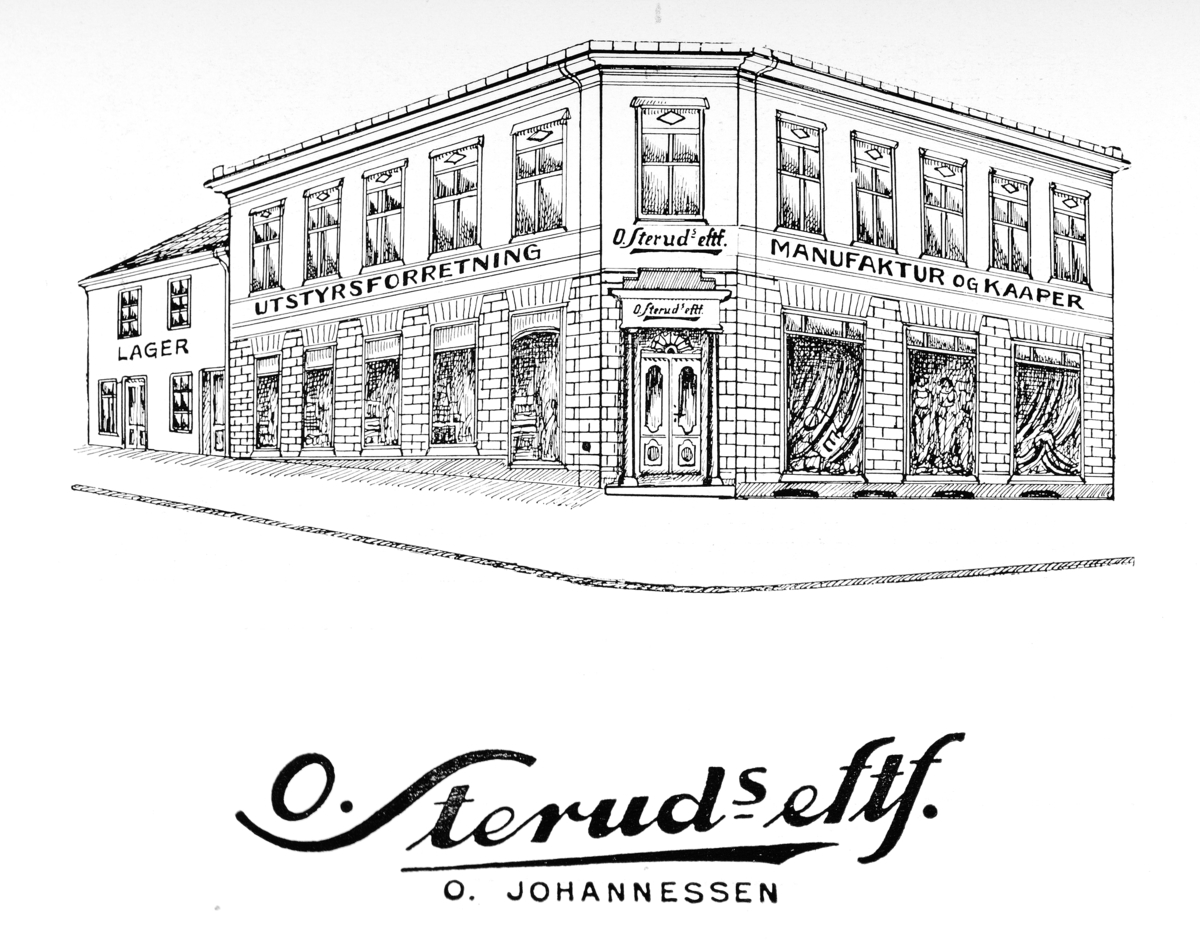 Gammel reklameplakat fra O. Steruds eftf. i Hamar, utstyrsforretning, manufaktur og kåper. 