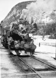Damplokomotiv pyntet løv, hammer og sigd i tog med russiske 