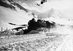 Damplokomotiv type 31b med stor plog foran persontog ved Myr