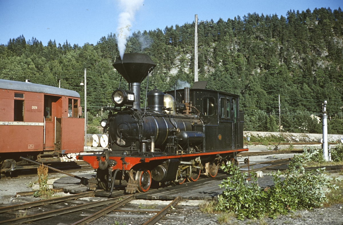 Setesdalsbanens damplokomotiv type XXI nr. 2 på svingskiven og motorvogn Cmbo 1 nr. 2674.