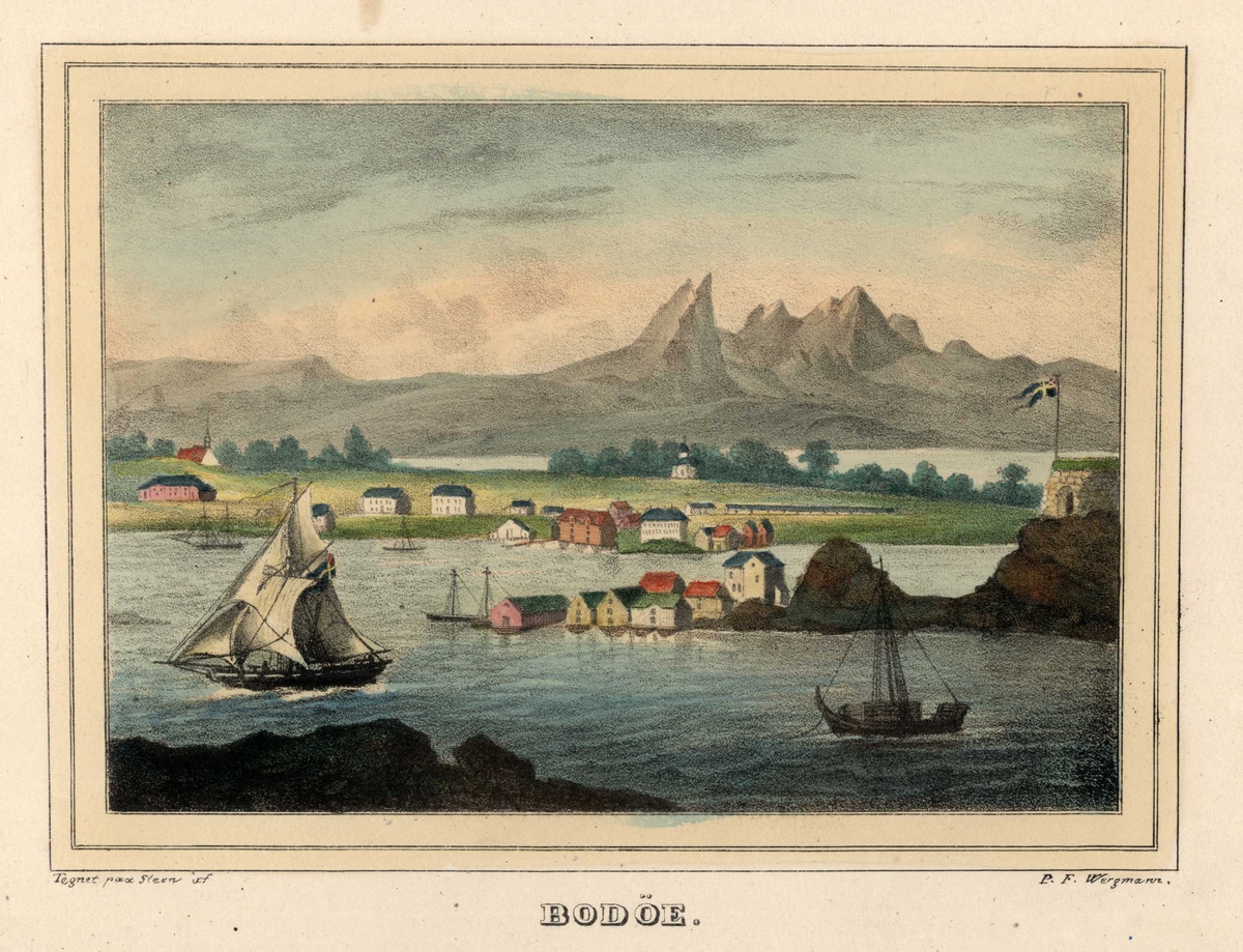 Landskap med bebyggelse i Bodø og seilskuter