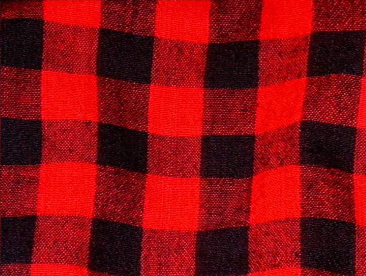 Rød og svartrutete understakk i ull, skoning av blå og hvit stripete bomullstøy.