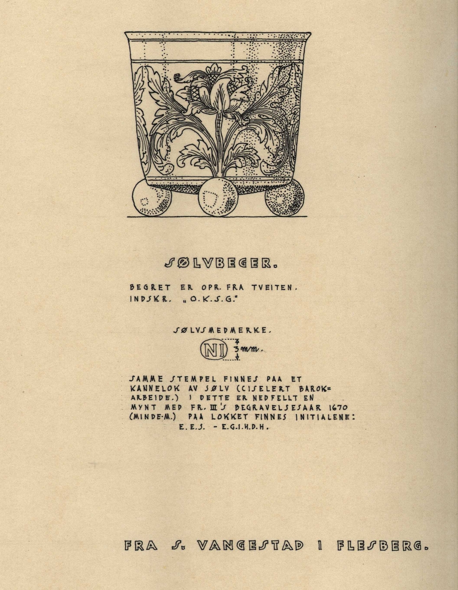 Erling Gjones tegning (1928) av smørask av tre, datert 1808 og sølvberger, med inskr. O.K.S.G, oppr. fra Tveiten, Søre Vangestad, Flesberg, Buskerud. 