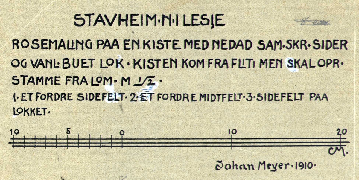 Johan J. Meyers billedtekst (1910) vedr. kiste på Stavem N, Lesja, Oppland.
