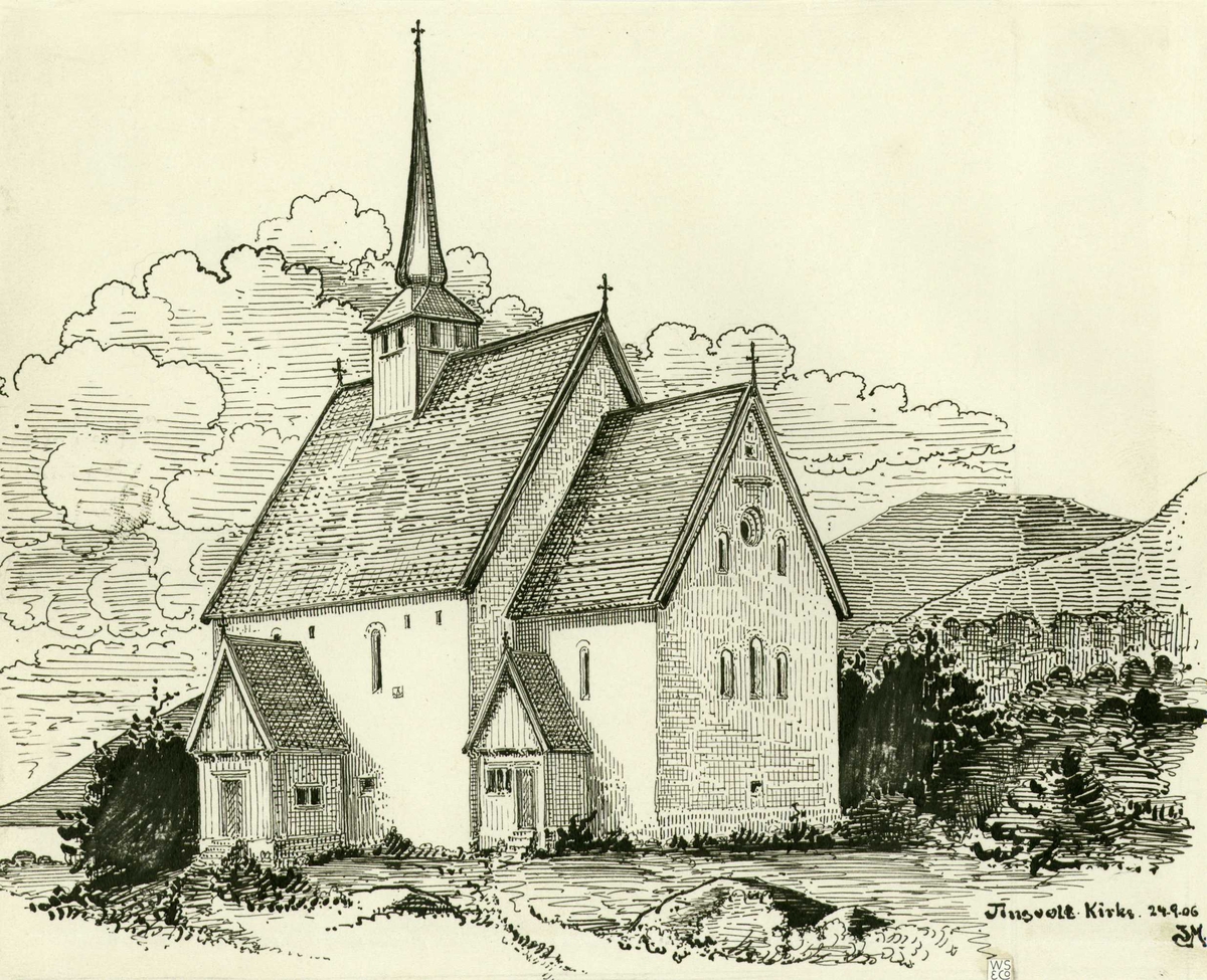 Johan J. Meyers tegning (1906) av Tingvoll kirke, Tingvoll, Møre og Romsdal.