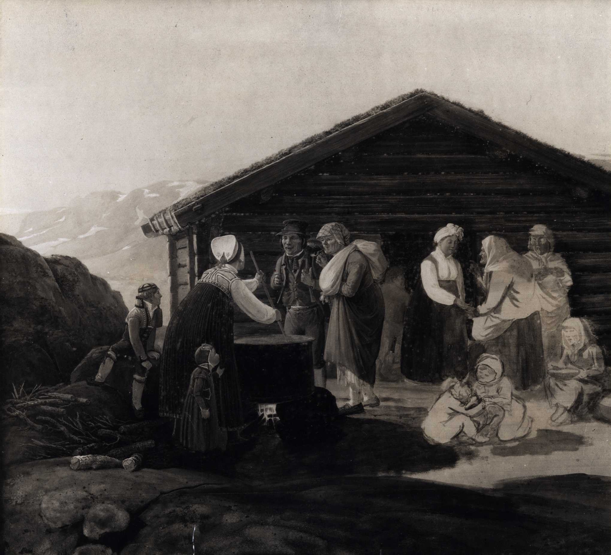 Genrecene fra Hallingdal, Buskerud. Ban og voksne samlet foran et tømmerhus, en kvinne rører i en gryte. Ufullført gouache av Johannes Flintoe.