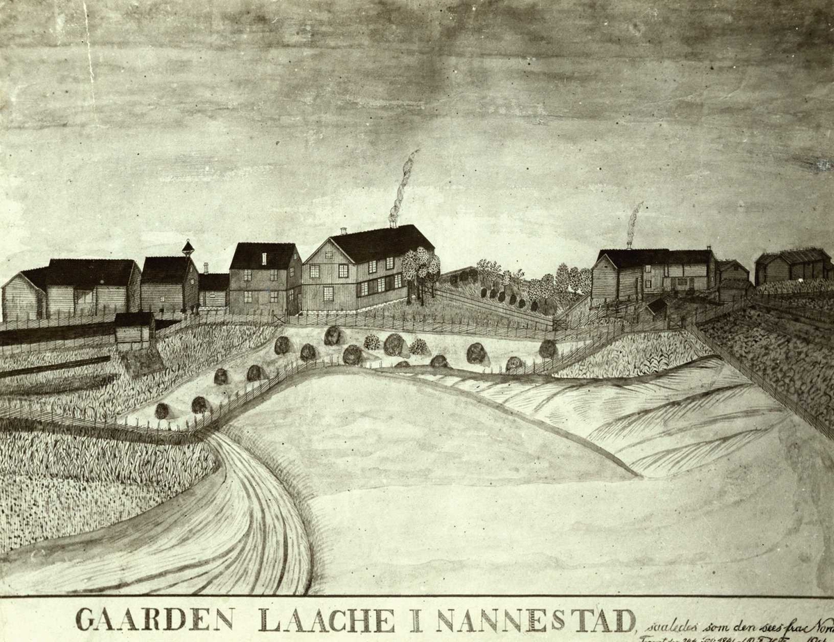 Låke, Nannestad, Øvre Romerike, Akershus. Fotografi av tegning av gården.
