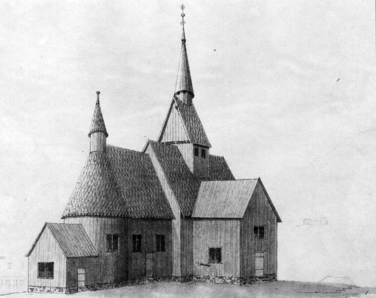 Tegning av kirkebygning, Nes gamle kirke, Buskerud. Stavkirke.