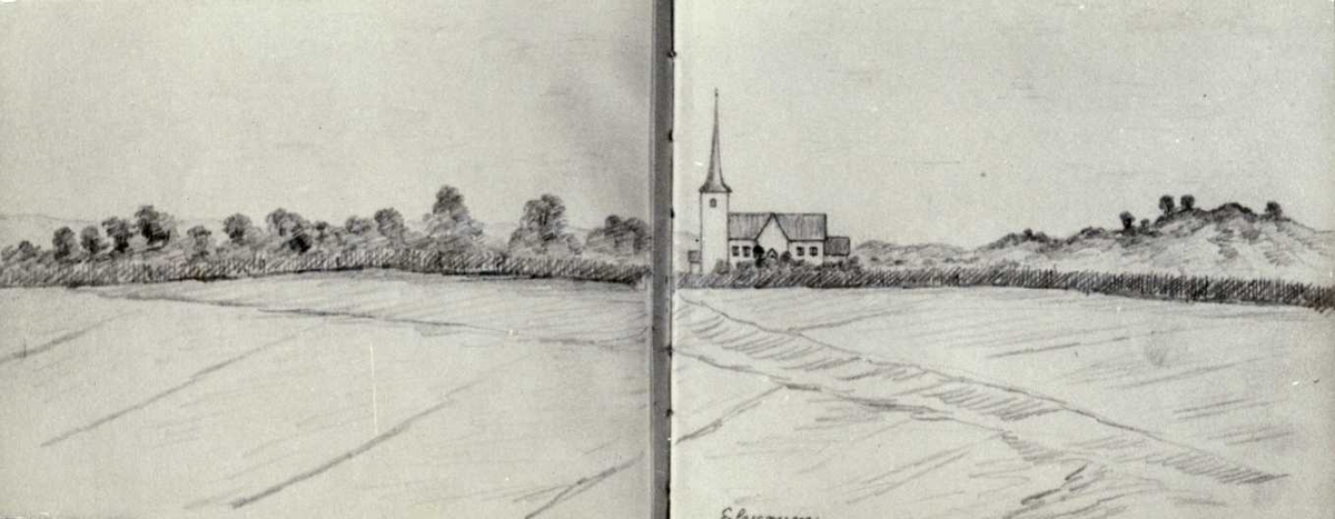 Elverum, Sør-Østerdal, Hedmark. Fotografi av tegning med motiv av landskap og kirke. Dr. A. Arbo's  skisserbøker 1885.
Tilhører Arendals museum.