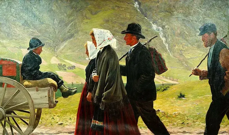 Historisk maleri av to kvinner og to menn som går bak en vogn der det sitter et barn med ryggen mot en kiste. Kvinnene har hodetørkler på hodet. En grønn fjellside i bakgrunnen. 