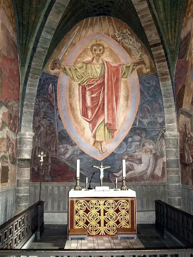 Alf Rolfsens maleri i Stiklestad kirke. Olav Haraldsson lener seg mot steinen nederst i høyre hjørne. 