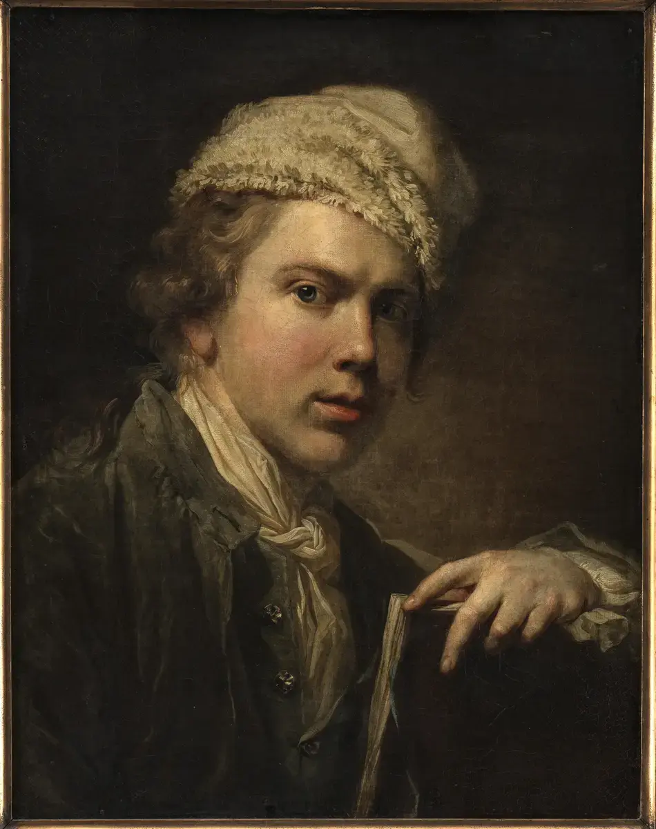 Self-portrait by Jens Juel, painted around 1773–1774 in Dresden, shows the artist gazing directly at the viewer, wearing a cap and neckerchief.