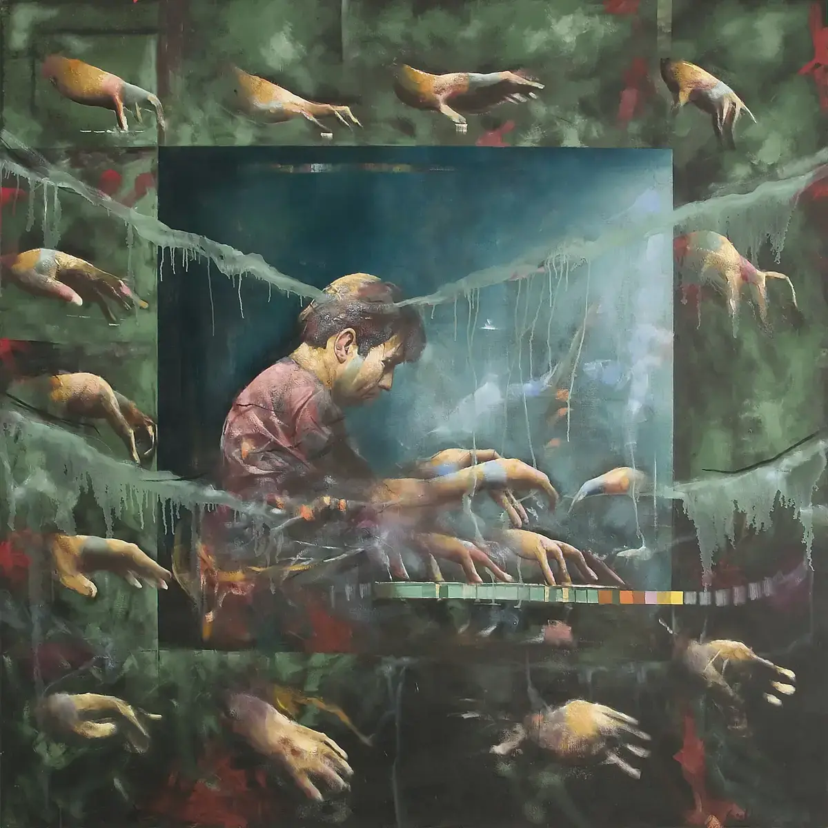 Portrait of Leif Ove Andsnes at the piano, surrounded by floating hands. Painting by Håkon Gullvåg.
